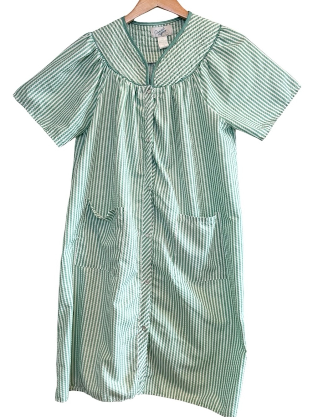 🌈 6/$60 Casual Nights House Dress Pockets SeerSucker Stripes White Green Buttons